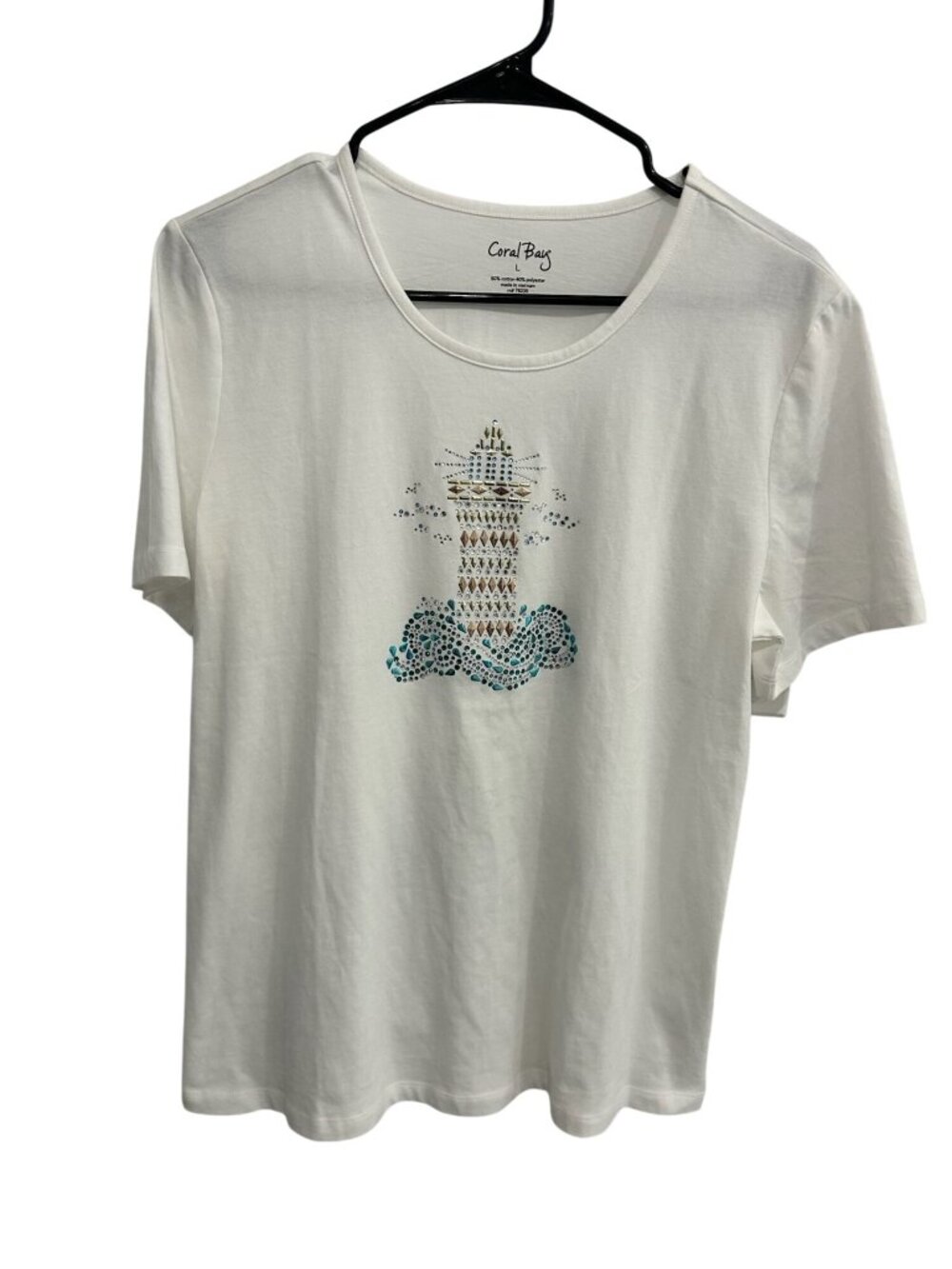 Coral Bay Large White Lighthouse Graphic Embellished Tee Coastal Naturecore